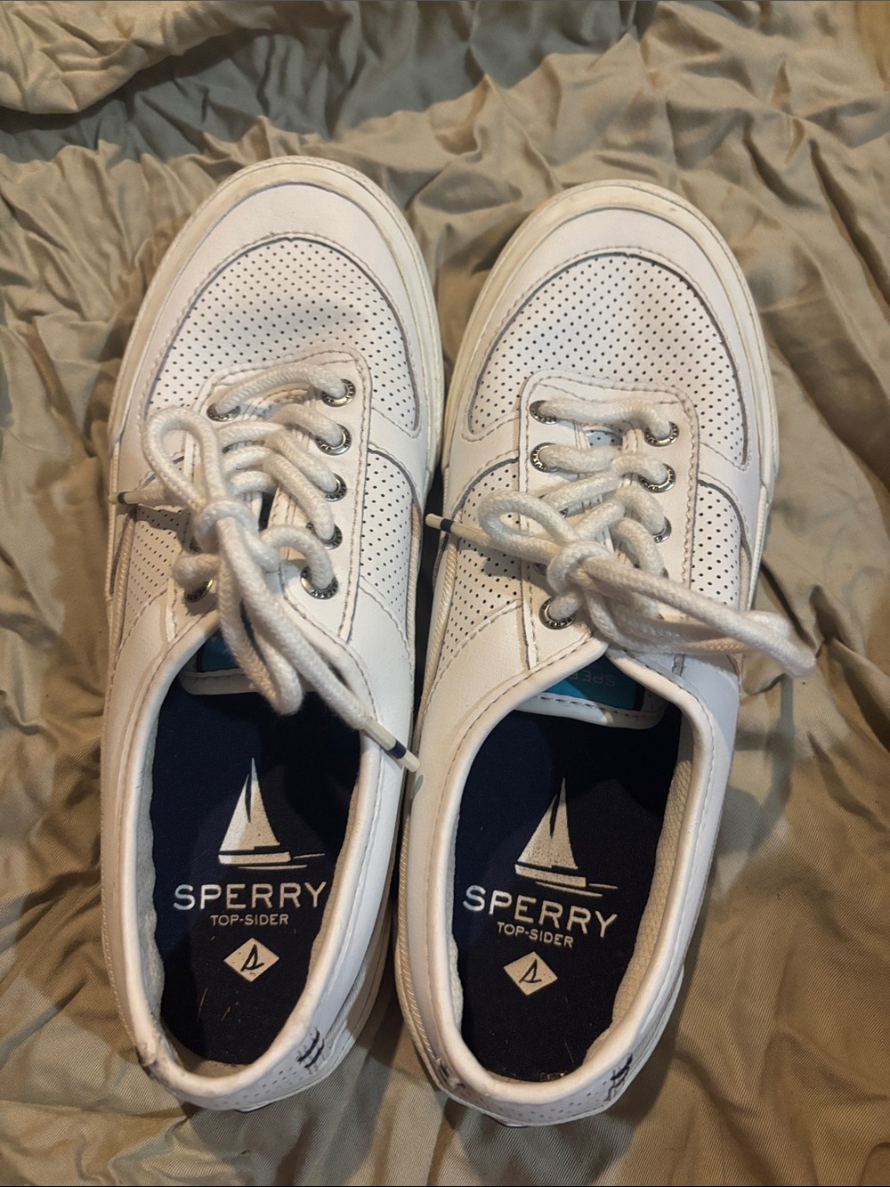 Sperry White Perforated Leather Lace-Up Sneakers with Navy Insoles
